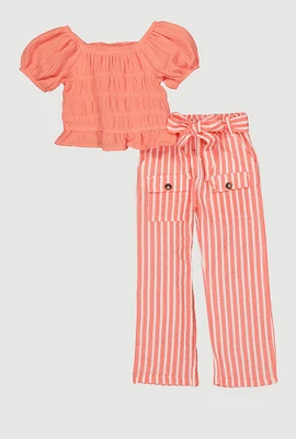 Little Girls Smocked Blouse and Tie Waist Belted Pants, Orange, Size 6X