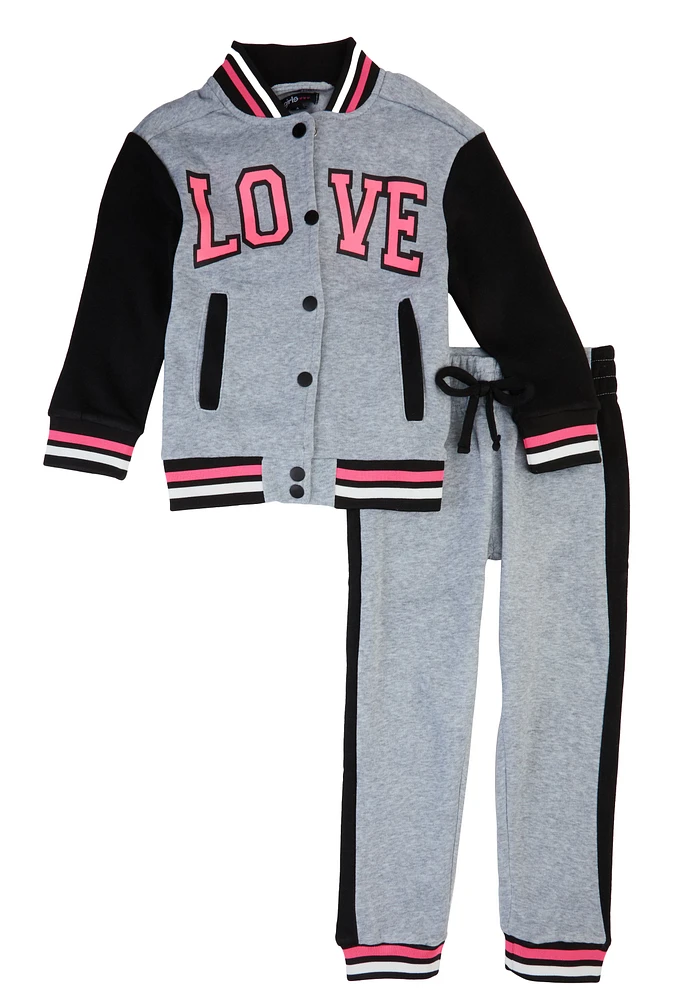 Little Girls Love Varsity Jacket and Joggers, Grey, Size 5-6