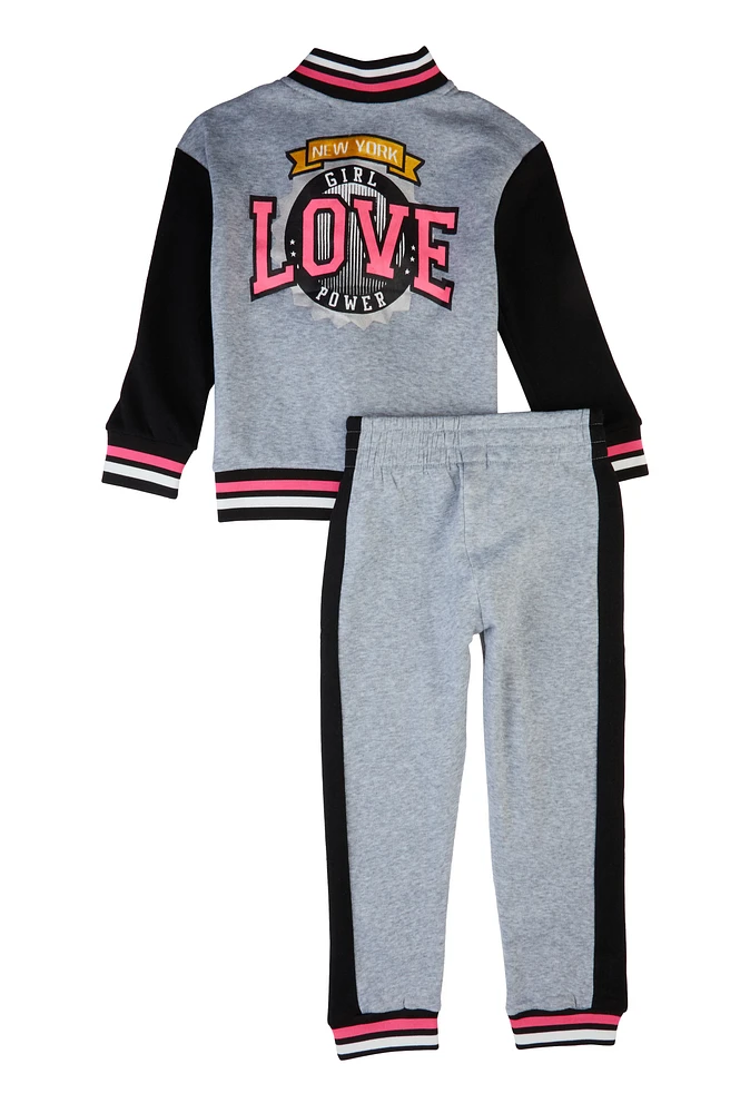 Little Girls Love Varsity Jacket and Joggers, Grey, Size 5-6