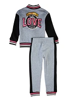 Little Girls Love Varsity Jacket and Joggers, Grey, Size 5-6