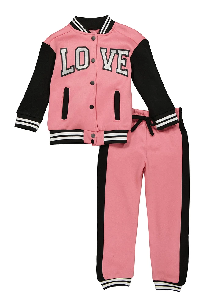 Little Girls Love Varsity Jacket and Joggers, Pink, Size 5-6