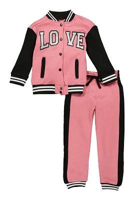 Little Girls Love Varsity Jacket and Joggers, Pink, Size 5-6