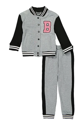 Little Girls Boss Bear Rhinestone Detail Varsity Jacket and Joggers, Grey, Size 5-6
