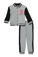 Little Girls Boss Bear Rhinestone Detail Varsity Jacket and Joggers, Grey, Size 4