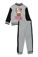 Little Girls Boss Bear Rhinestone Detail Varsity Jacket and Joggers, Grey, Size 4