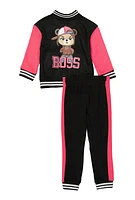 Little Girls Boss Bear Rhinestone Detail Varsity Jacket and Joggers, Pink, Size 6X