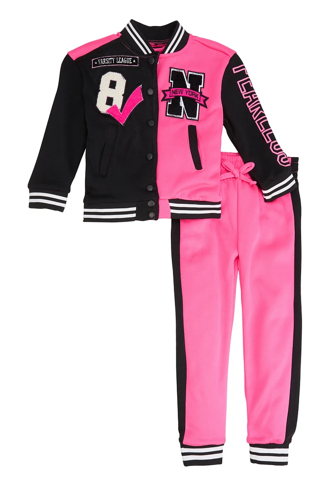 Little Girls Fearless Varsity Jacket and Joggers, Pink, Size 5-6