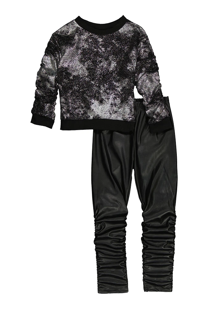 Little Girls Foil Screen Sweatshirt and Stacked Leggings, Black, Size 4