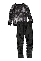 Little Girls Foil Screen Sweatshirt and Stacked Leggings, Black,