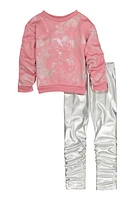 Little Girls Foil Screen Sweatshirt and Stacked Leggings, Pink, Size 4