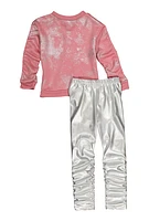 Little Girls Foil Screen Sweatshirt and Stacked Leggings, Pink, Size 4