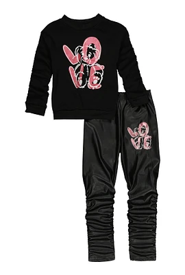 Little Girls Love Bear Graphic Sweatshirt and Stacked Leggings,