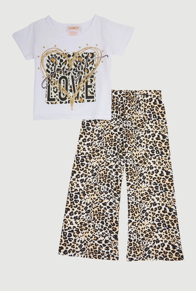 Little Girls Just Love Glitter Graphic Tee with Leopard Print Pants, Multi, Size 5-6