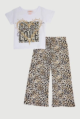 Little Girls Just Love Glitter Graphic Tee with Leopard Print Pants, Multi, Size 5-6