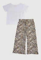 Little Girls Just Love Glitter Graphic Tee with Leopard Print Pants, Multi, Size 6X