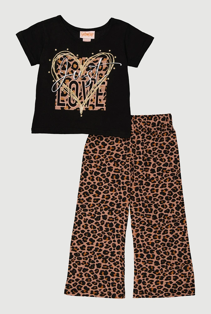Little Girls Just Love Graphic Tee with Leopard Print Pants, Multi, Size 5-6