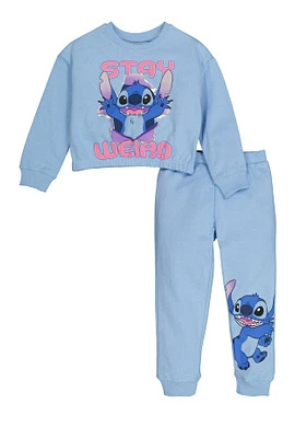 Little Girls Stitch Stay Weird Graphic Sweatshirt and Joggers, Blue, Size 4