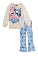 Little Girls Stitch and Angel Graphic Top and Flare Pants, Blue, Size 6