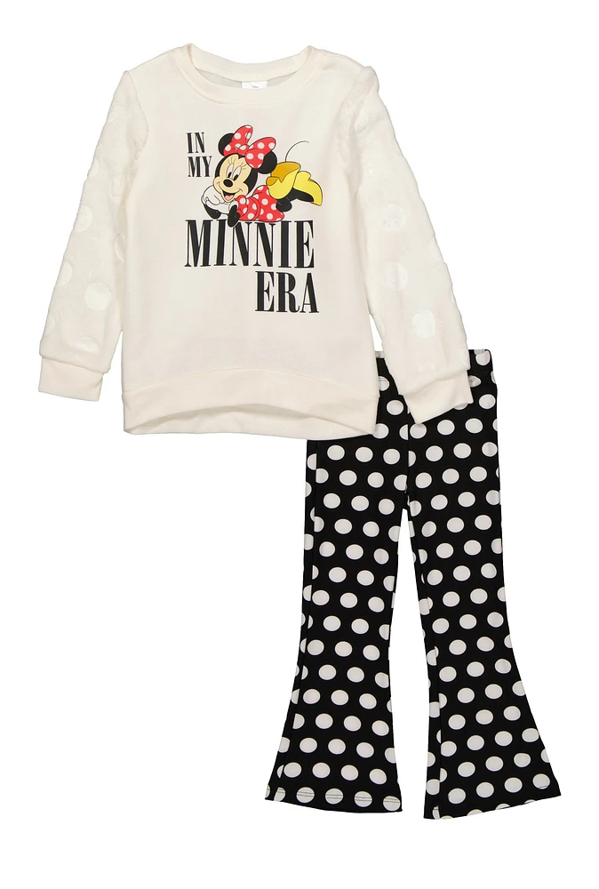 Little Girls Minnie Mouse Plush Sleeve Sweatshirt and Flare Pants, White, Size 4