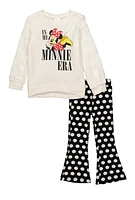 Little Girls Minnie Mouse Plush Sleeve Sweatshirt and Flare Pants, White, Size 5