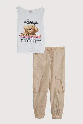Little Girls Always Extra Bear Tank Top and Cargo Joggers, Beige, Size 6X