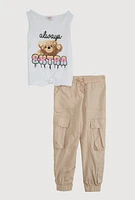 Little Girls Always Extra Bear Tank Top and Cargo Joggers, Beige, Size 6X