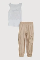Little Girls Always Extra Bear Tank Top and Cargo Joggers, Beige, Size 6X