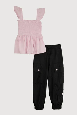 Little Girls Smocked Sleeveless Top and Cargo Joggers, Multi, Size 6X