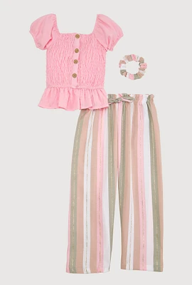 Little Girls Smocked Peasant Top and Striped Pants, Pink, Size 5-6