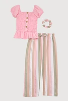 Little Girls Smocked Peasant Top and Striped Pants, Pink, Size 5-6