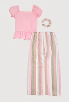 Little Girls Smocked Peasant Top and Striped Pants, Pink, Size 5-6