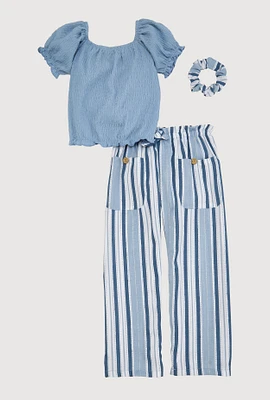 Little Girls Smocked Puff Sleeve Top and Striped Pants, Blue, Size 4