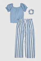 Little Girls Smocked Puff Sleeve Top and Striped Pants, Blue, Size 4