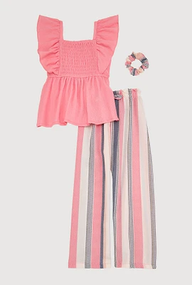 Little Girls Smocked Peplum Top and Striped Pants, Pink, Size 4