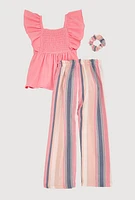 Little Girls Smocked Peplum Top and Striped Pants, Pink, Size 4