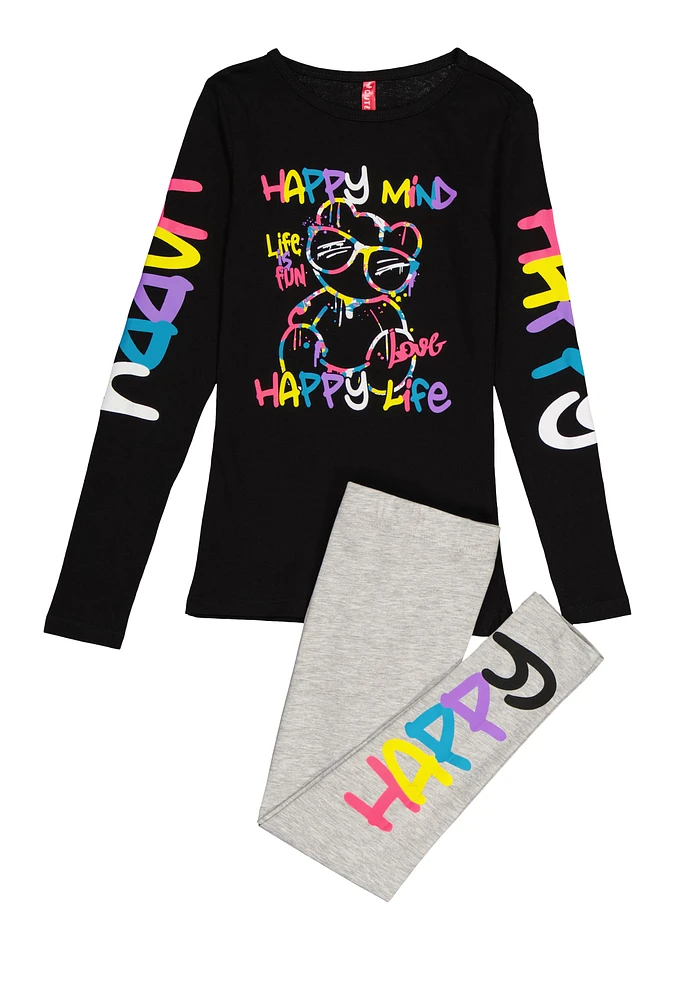 Little Girls Happy Mind Happy Life Tee and Leggings, Black, Size 4