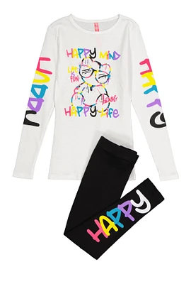 Little Girls Happy Mind Happy Life Tee and Leggings, White, Size 6X