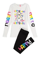 Little Girls Happy Mind Happy Life Tee and Leggings, White, Size 4