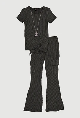 Little Girls Textured Rib Knit Top with Necklace and Flare Pants, Black, Size 5-6