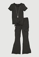 Little Girls Textured Rib Knit Top with Necklace and Flare Pants, Black, Size 5-6