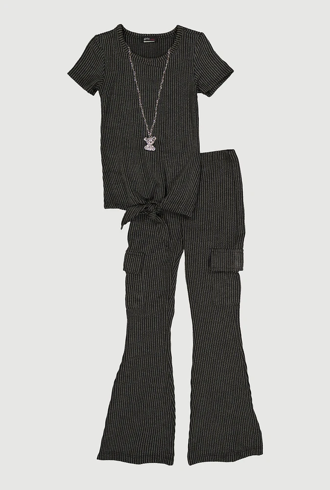 Little Girls Textured Rib Knit Top with Necklace and Flare Pants, Black, Size 4