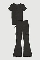 Little Girls Textured Rib Knit Top with Necklace and Flare Pants, Black, Size 5-6