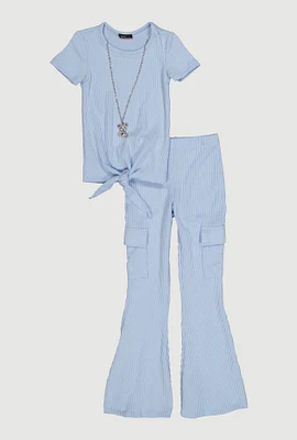 Little Girls Textured Rib Knit Top with Necklace and Flare Pants, Blue, Size 6X