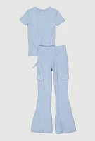 Little Girls Textured Rib Knit Top with Necklace and Flare Pants, Blue, Size 6X