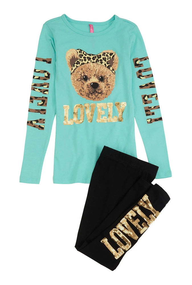 Little Girls Lovely Sequin Bear Graphic Tee and Leggings,