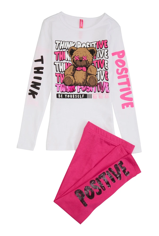 Little Girls Think Positive Sequin Graphic Tee and Leggings, Pink,