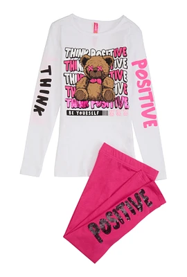 Little Girls Think Positive Sequin Graphic Tee and Leggings, Pink, Size 4