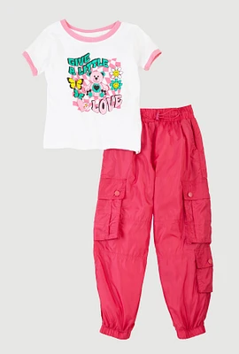 Little Girls Give A Little Love Graphic Tee and Cargo Joggers, Pink, Size 4