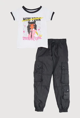 Little Girls Dream City Glitter Graphic Tee and Joggers, Black, Size 6X