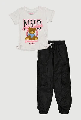 Little Girls Glitter NYC Teddy Bear Graphic Top and Cargo Joggers, Multi, Size 5-6